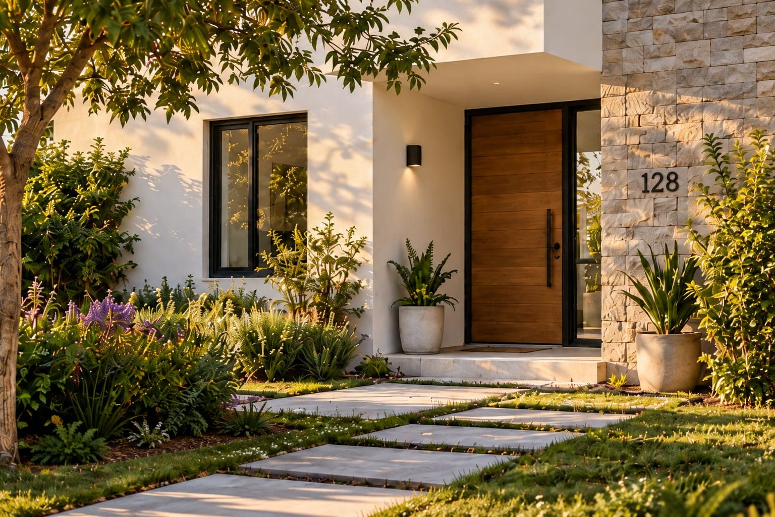 Entrada de una casa con jardín al atardecer